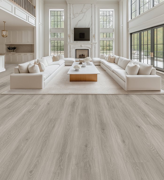 Opulux Passion Laminate in modern high ceiling living room with white furniture | The Floor Store